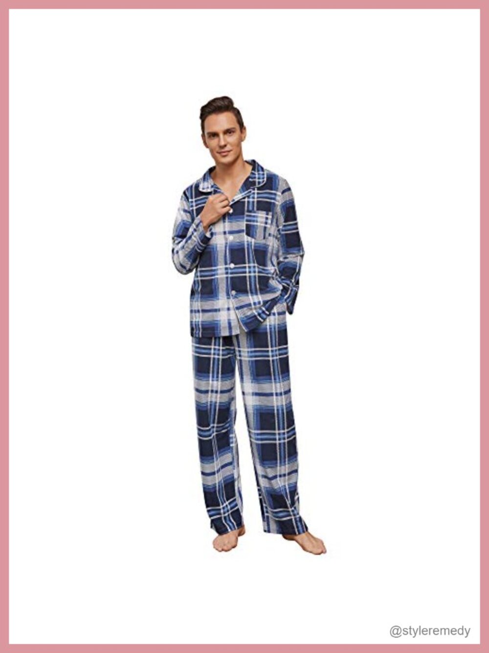 Mens Plaid Pajama Set Flannel Sleepwear Loungewear with Pockets